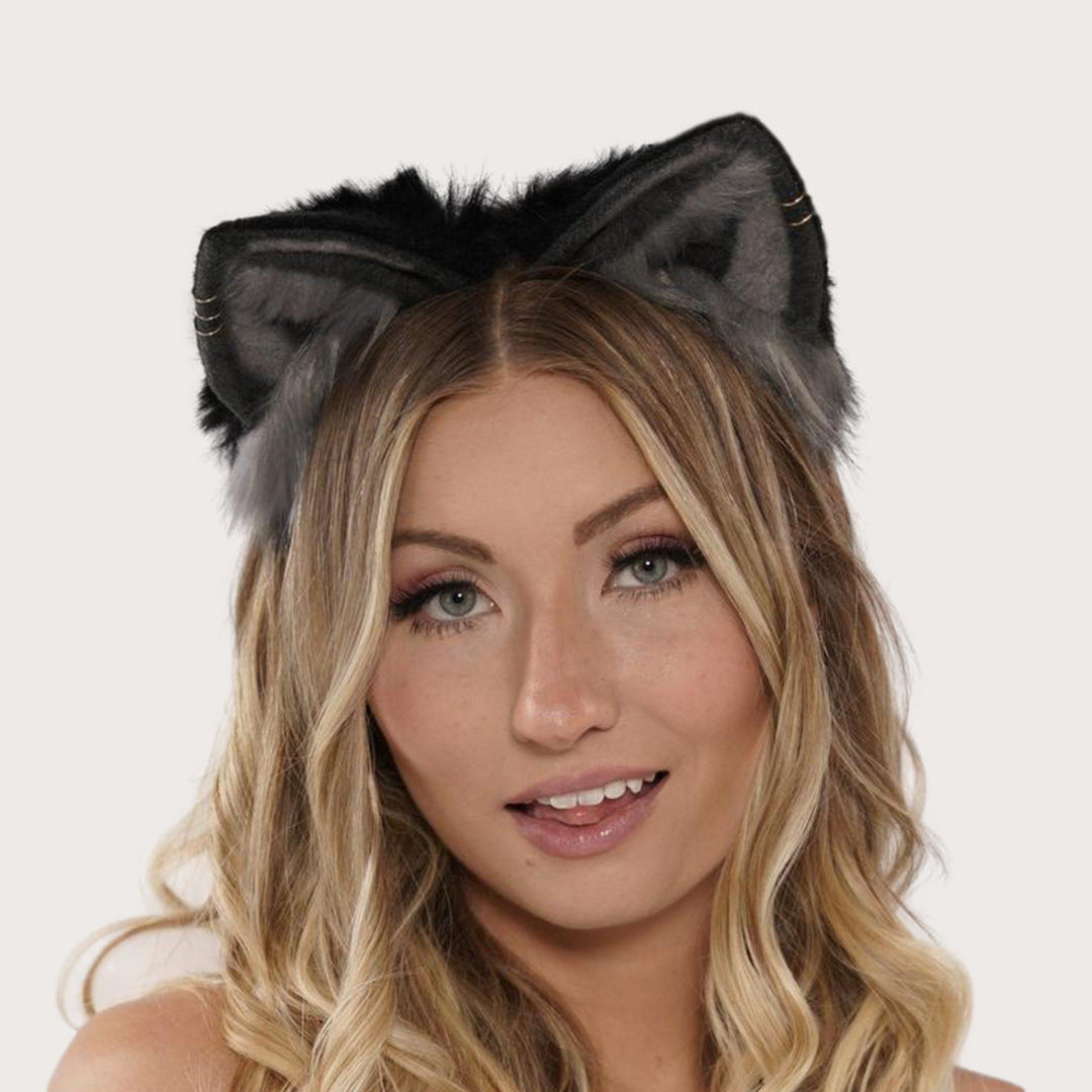 female wearing fur ear headband