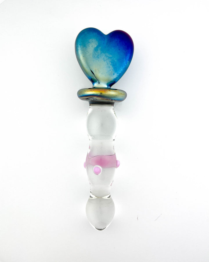 Rainbow Heart Tip Ribbed Glass Dildo